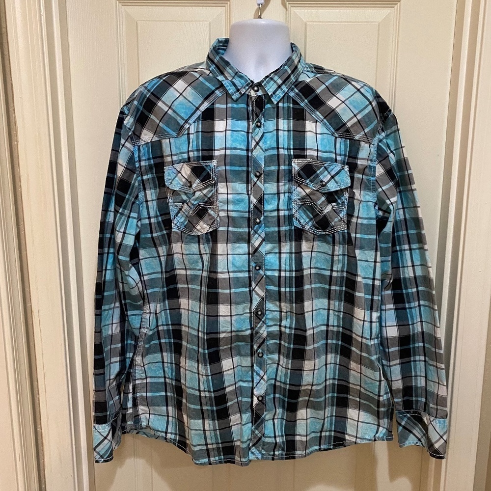 BKE Vintage 67 Athletic Fit Plaid Pearl Snap Western Long Sleeve Teal/Black XXL